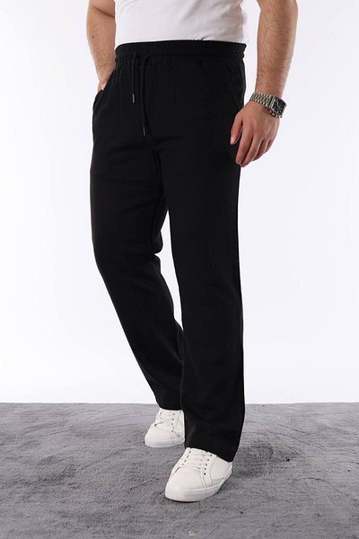 STOCX Men's Black Color Elastic Waist Relaxed Fit Linen Trousers