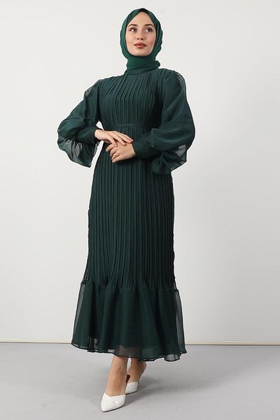 GİYZAMİLA Pleated Janjan Evening Dress Dark Green
