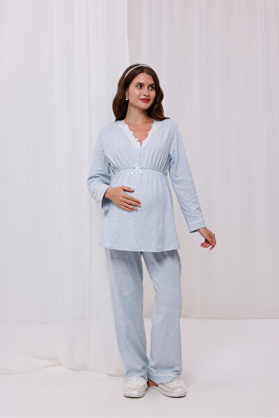 Yulem Homewear Mavi Melanj Yaka Dantelli Pamuklu Lohusa Hamile Pijama Takım 2'li Set