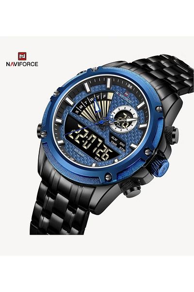 Naviforce Luxury Black and Blue Stainless Steel Mens Watch Digital Analog Quartz Waterproof