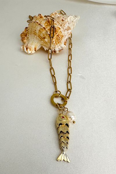 Modex Steel Pearl Detail Enamel Fish Bone Necklace (46cm)