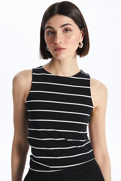TENA Women's Black-White Swimmer Model Crew Neck Full Licra Striped Rib Tank Top