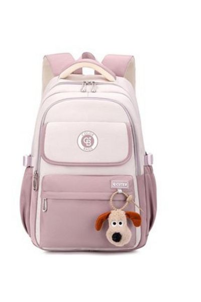 tiny wood Girl's Primary School Bag – Waterproof Fabric with Plush Keychain Black-Powder-Grey Pink