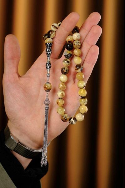 dergah tesbih Silver Poor Master Handcrafted Nakkaş İmame Design Antique Fossilized Drop Amber Prayer Beads (Amber), (مسبح