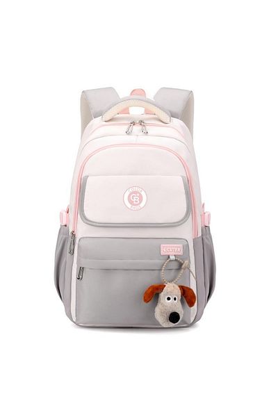 tiny wood Girl's Primary School Bag – Waterproof Fabric with Plush Keychain Black-Powder-Grey Pink