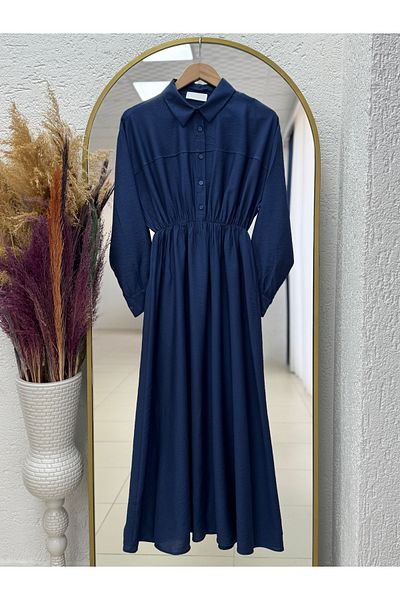 MİHRA STORE Mireva Half Patched Elastic Waist Dress-As4078 Navy Blue