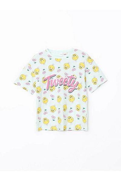 LC Waikiki Lcw Kids Turquoise Crew Neck Tweety Printed Girls' Pajamas Set with Shorts