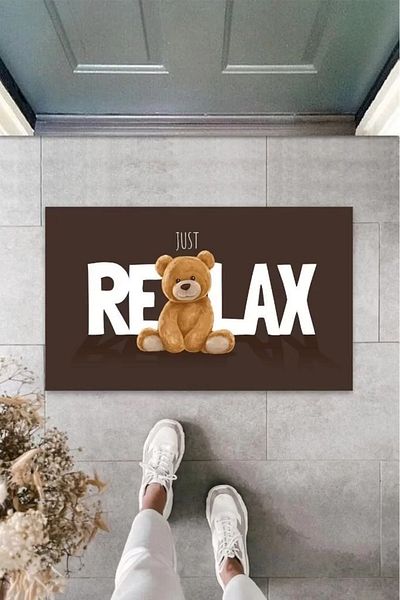 Mu Art Ahşap Brown Door Mat Just Relax Teddy Bear Pattern K-3323