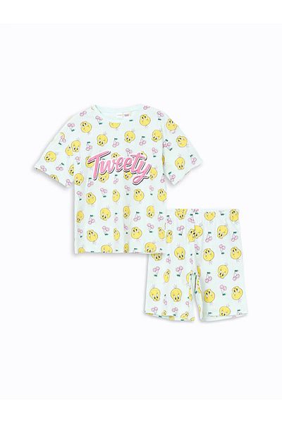 LC Waikiki Lcw Kids Turquoise Crew Neck Tweety Printed Girls' Pajamas Set with Shorts