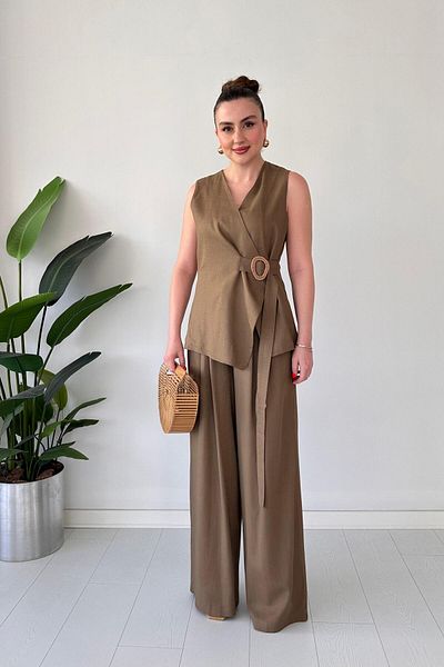 MaziButik Σετ λινό γιλέκο πόρπης καφέ