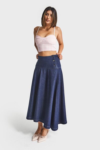 its basic Women's Indigo Color 7W5-50 Maxi Size Bell Cut a Type 100% Cotton Denim Skirt