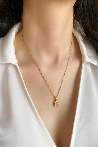 DEMOKAN Women's Steel Necklace Flat Chain Water Stone Model Ellipse Necklace