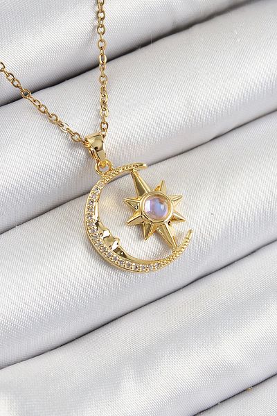 Clariss 316L Steel Zircon Stone Pole Star Crescent Model Gold Color Women's Necklace