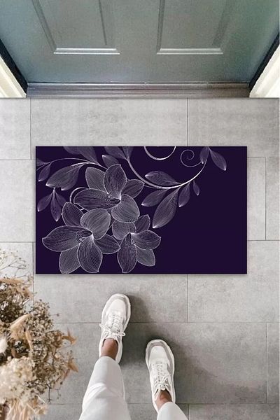 P Parla Black Digital Printed Lily Outdoor Mat - K-2098