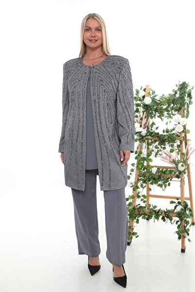 MİSS DİAMOND بدلة بنطلون ثلاثي بأكمام طويلة ومطرزة بالحجر مقاس كبير