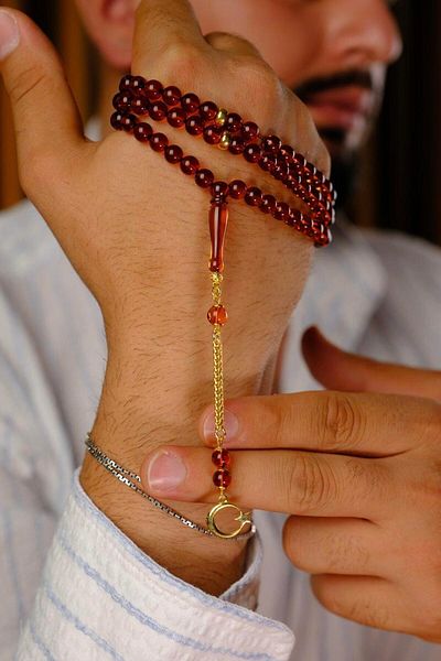 dergah tesbih Special Silver Crescent and Star Design 99' Drop Amber Prayer Prayer Beads (Amber), (مسبحة قطرة كهريبار)