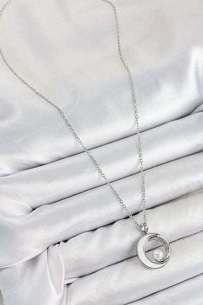 Clariss 316L Steel Zircon Stone Pearl Detailed Crescent Model Silver Color Women's Necklace