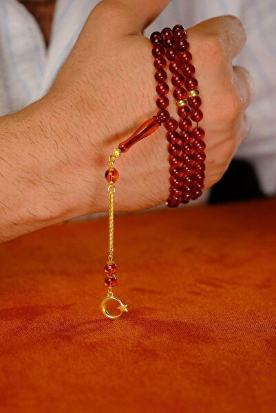 dergah tesbih Special Silver Crescent and Star Design 99' Drop Amber Prayer Prayer Beads (Amber), (مسبحة قطرة كهريبار)