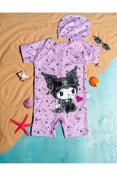 ZUZUNGA Kuromi Printed Girl's Zippered Checkered Jumpsuit Swimsuit