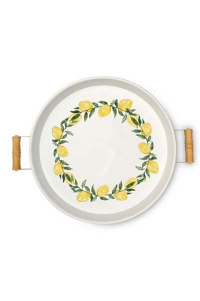 hemlife 37cm Wooden Handle White Lemon Printed Metal Tray Round Tray Tea Tray Presentation Tray
