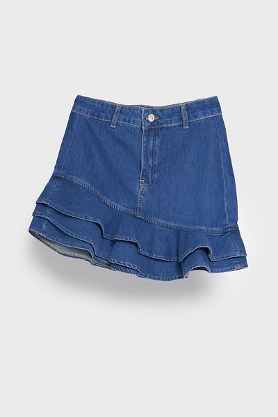 its basic Fusta mini din denim cu volan 100% bumbac de culoare albastră pentru femei 1S5-4