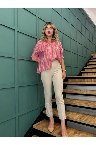 AYHAN Women's Striped, Pocketed, Front Buttoned, Bat Sleeve Shirt
