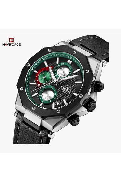Naviforce Mens Chronograph Sports Watch Green Dial Black Bezel Leather Strap Water Resistant