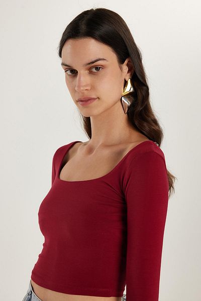 Tudors Bluză de damă, slim fit, din bumbac, cu decolteu barcă, roșu Claret