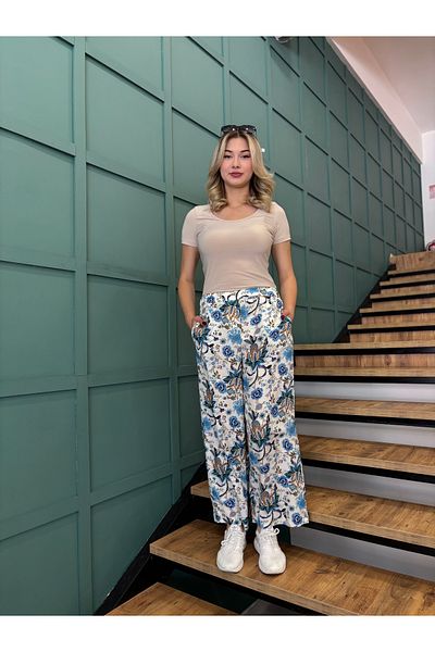 AYHAN Pantaloni largi de damă cu model floral cu buzunare