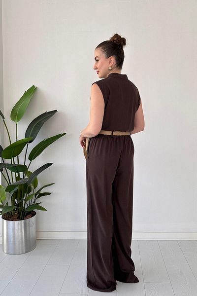 MaziButik Wicker Belted Linen Suit Brown