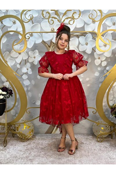 ALYA BUTİK Alya kırmızı kelebek desenli kuyruklu kısa kollu, toka aksesuarlı dantel kız çocuk elbise