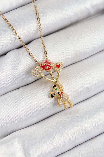 Clariss 316L Steel Zircon Stone Flying Balloon Teddy Bear Model Gold Color Women's Necklace