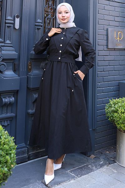 hafsamina Buttoned Jacket Pocket Waist Tie-Up Gilet Dress Black Hm2785