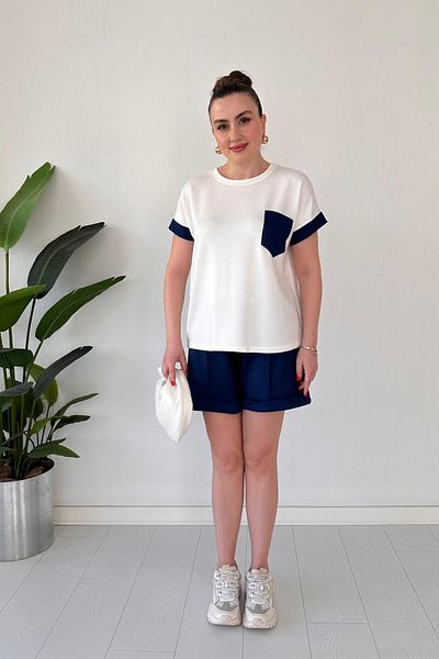 MaziButik Pocket Garnished Shorts Suit Navy Blue