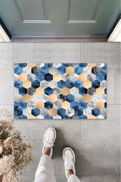 Mu Art Ahşap Digital Printing Blue Honeycomb Door Mat K-3091