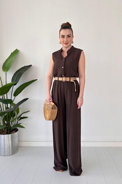MaziButik Wicker Belted Linen Suit Brown