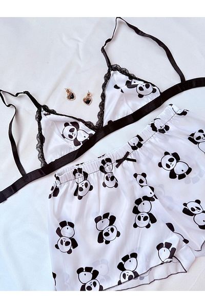 İNKO İÇ GİYİM Satin Patterned Bralet Shorts Set with Lace Detail