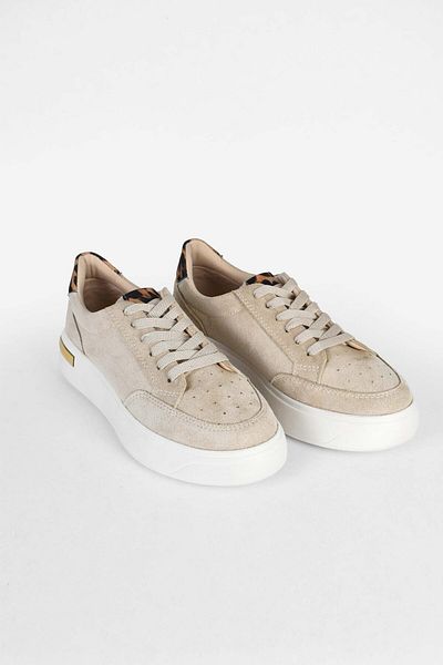 birizmoda Women's Lace-Up Leopard and Gold Detailed High Sole Suede Sneaker Shoes - Beige