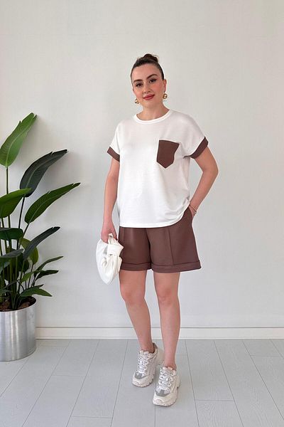MaziButik Pocket Garnished Shorts Suit Brown
