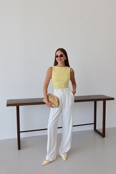 Laluvia White Gold Buttoned Palazzo Trousers with Elastic Waist - 51078