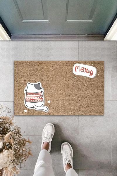None Digital Print Brown Meowy Written Cat Door Mat with Turned Back Sweater K-2060