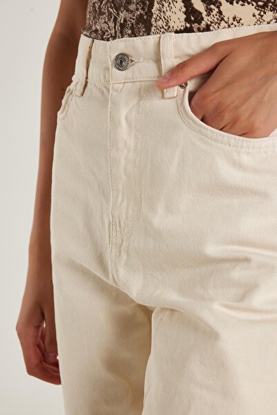 Tudors Kadın Regular Fit Cepli Geniş Paça Bej Jean Kot Pantolon