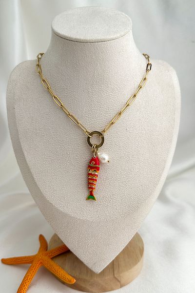 Modex Steel Pearl Detail Enamel Fish Bone Necklace (46cm)