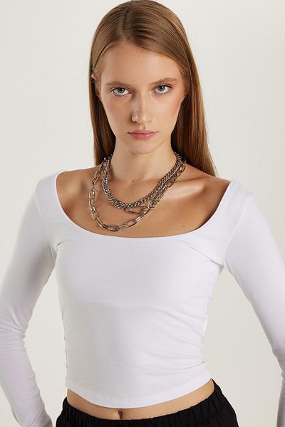 Tudors Bluză albă din bumbac, slim fit, cu decolteu barcă