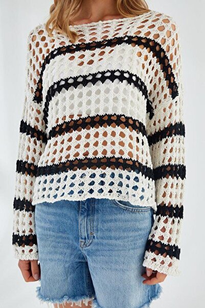 Mixray 6877 Women's Striped Openwork Boat Neck Knitwear Sweater Ecru