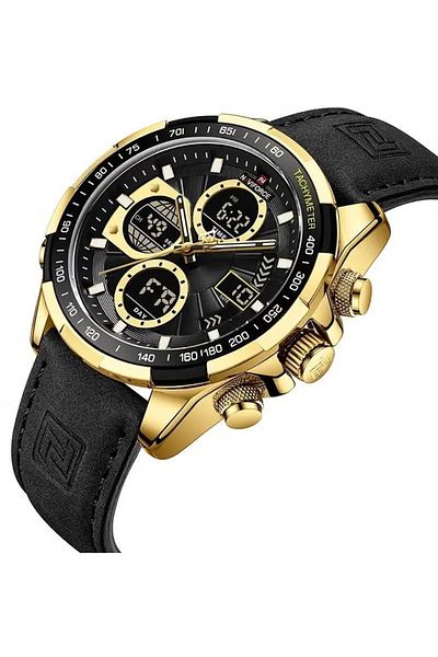 Naviforce Men's Stylish Dual Time Quartz Watch – 46mm Black Dial, Gold Case, Leather Strap
