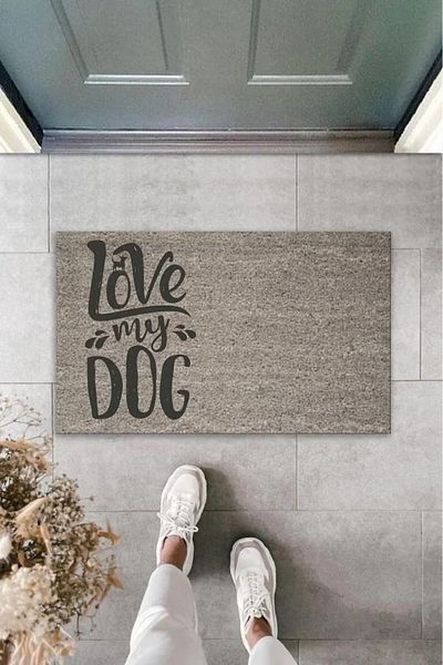 PRATİKOBA Gray Love My Dog Digital Printed Decorative Door Mat - K-2023