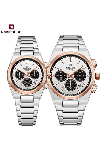 Naviforce Matching Chronograph Watch Set for Couples – Stainless Steel Strap, Multi-Function Display