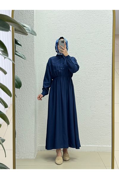 MİHRA STORE Mireva Half Patched Elastic Waist Dress-As4078 Navy Blue