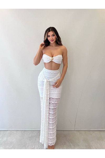 369 etnik butik Seashell Detailed Lace Bandeau Crop & Slit Long Skirt Set